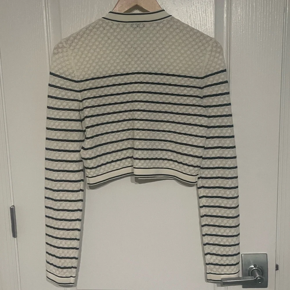 SANDRO Cropped White and Black Striped Cardigan Gold Hardware Buttons Sz 2 = Med